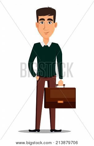 Business man cartoon character. Young handsome smiling businessman in smart casual clothes holding a briefcase. Stock vector