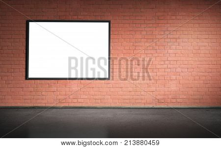 Blank white paper poster in black frame at red brick wall and concrete floor. Grungy interior poster mock up. Presentation for artwork. 3d rendering illustration