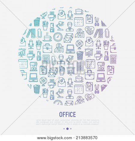 Office concept in circle with thin line icons of manager, coffee machine, chair, career growth, e-mail, folders, watercooler, lamp. Vector illustration for banner, web page, print media.