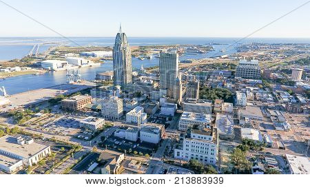 Aerial photo of downtown Mobile, Alabama port
