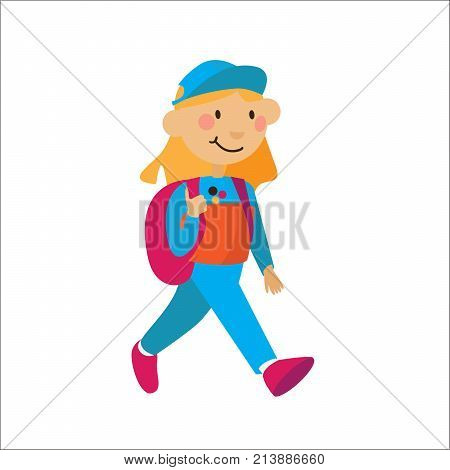 Little flat girl with rucksuck walking isolated on background. Vector character illustration in bright colors
