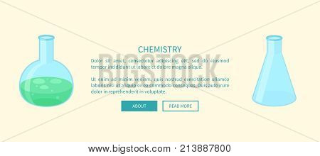 Chemistry template banner with two test tubes and information text inside. Vector poster in graphic design of glass tools for experiments