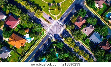 Straight Down Drone Angle High Above Suburb Neighborhood With Green Landscape Spring Time View Of In