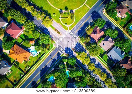 Straight Down Drone Angle High Above Suburb Neighborhood With Green Landscape Spring Time View Of In