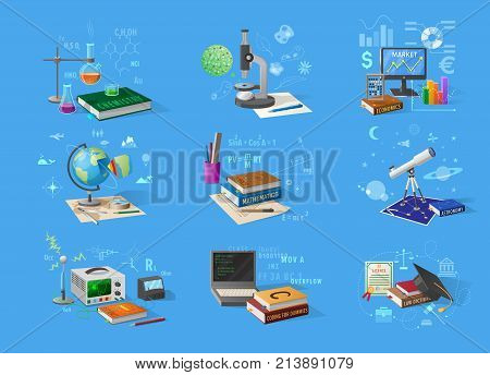 Chemistry flasks, bio microscope, economic charts, geo globe, books on maths and law, telescope for astronomy, tech equipment vector illustrations.
