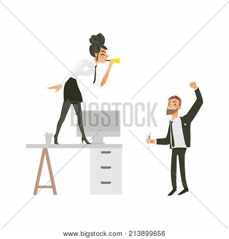 vector flat cute girl office worker, business woman manager in corporate clothing in skirt, necktie dancing at table blowing into pipe, man with beard dancing at floor at party. Isolated illustration