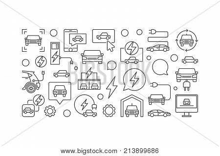 Electric car horizontal line banner. Vector illustration made with outline car, EV, charging stations icons