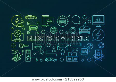Electric vehicle colorful illustration. Vector EV horizontal concept outline banner made with car icons on dark background