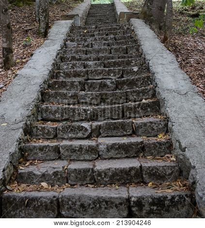 Stone steps in the woods on the monastery grounds. Allegory the hard way