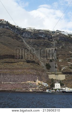 Cable Car At Santorini Island With Sea View.