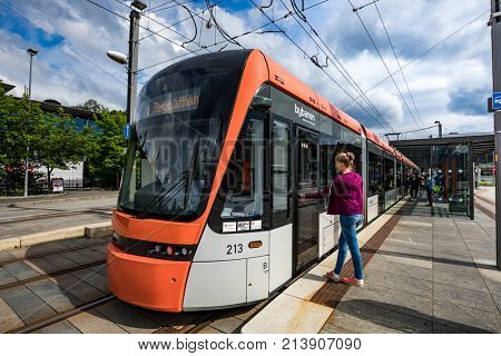 BERGEN, NORWAY - JUNE 15,2017: Bergen Light Rail Bybanen . The line of the Bergen tram received the 2011 award as the best in the world.