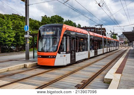 BERGEN, NORWAY - JUNE 15,2017: Bergen Light Rail Bybanen . The line of the Bergen tram received the 2011 award as the best in the world.