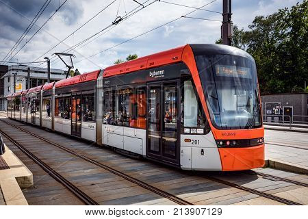 BERGEN, NORWAY - JUNE 15,2017: Bergen Light Rail Bybanen . The line of the Bergen tram received the 2011 award as the best in the world.