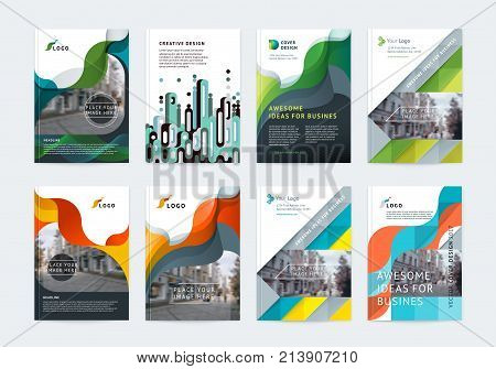 Business vector set. Brochure template layout, cover design annual report, flyer in A4 with colourful geometric shapes for PR, business, tech on bright background. Abstract creative design.