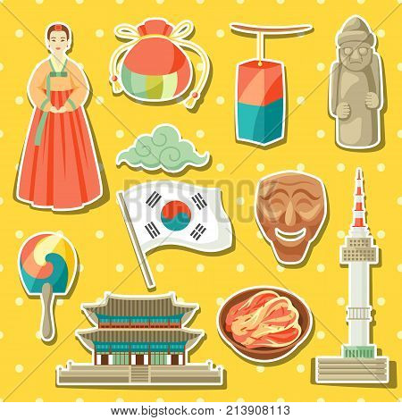 Korea icons set. Korean traditional sticker symbols and objects.