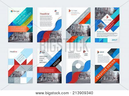 Vector set of templates booklet cover design, poster, magazine, brochures, flyers A4 with logo, place for photo and text. Geometric colorful shapes and textures triangles, squares, circles, waves.