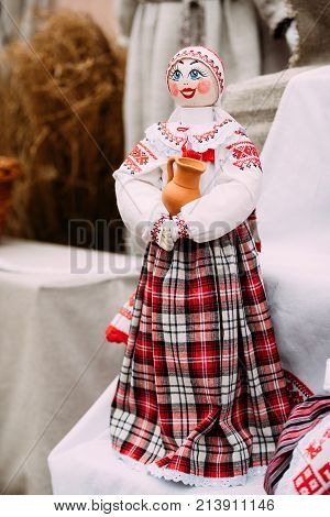 Belarusian Folk Doll. National Traditional Folk Dolls Are Popular Souvenirs From Belarus.