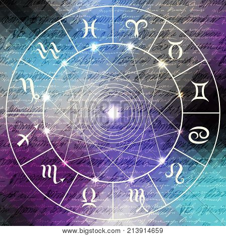 Magic circle with zodiacs sign on abstract grunge background.