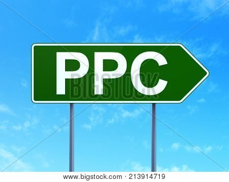 Marketing concept: PPC on green road highway sign, clear blue sky background, 3D rendering