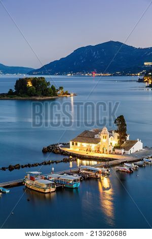 Corfu Greece Vlachernon Vlacherna Church Kanoni Island Night Portrait Format Traveling Sea