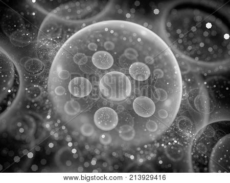 Glowing parallel universes bubble model computer generated abstract background black and white texture 3D rendering