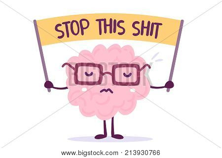Vector Illustration Of Pink Color Human Brain With Glasses Holds The Banner On White Background. Str