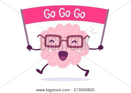 Inspiring Cartoon Brain Concept. Vector Illustration Of Pink Color Human Brain With Glasses Holds Th
