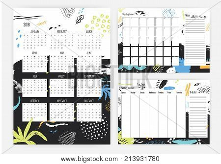 Set of year 2018 calendar, month and weekly planner templates with colorful dots, stains, blots on background. Schedule or timetable. Effective planning. Week start sunday. Vector template