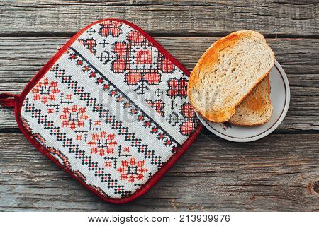 On Wooden Background, On The Boards Of Toasted Bread