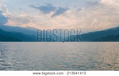 Lake in the Pokhara at sunset. Beautiful view