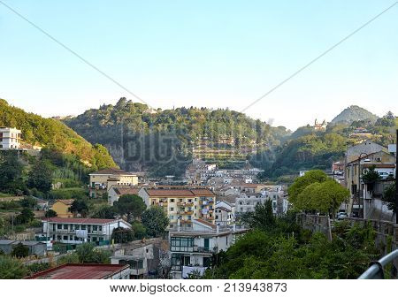 A small town in Lattari Mountains Regional Park in Italy during the sunrise