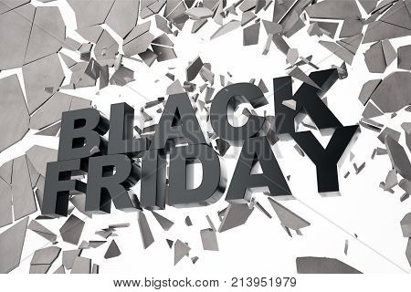 3D Rendering Black Friday, sale message for shop. Business hopping store banner for Black Friday. Black Friday crushing ground. 3D text breaking through wall.