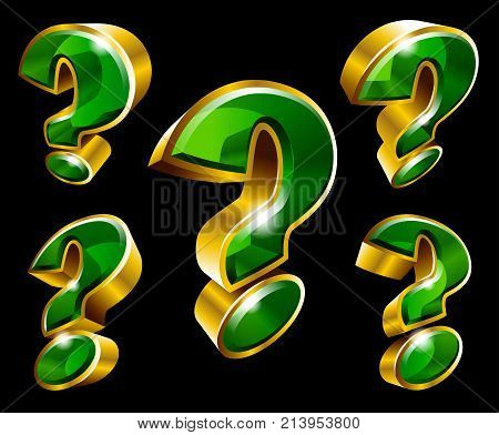 Vector golden question mark symbol in 3D style with different angles