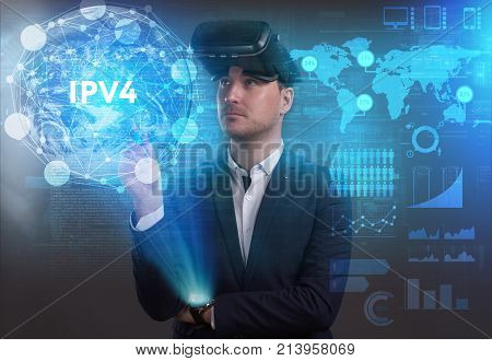 Business, Technology, Internet And Network Concept. Young Businessman Working On A Virtual Screen Of