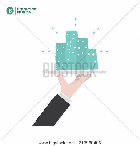 Hand Holding The Building On A Platter Meaning Business Or Invesment Or Growth On White Background I