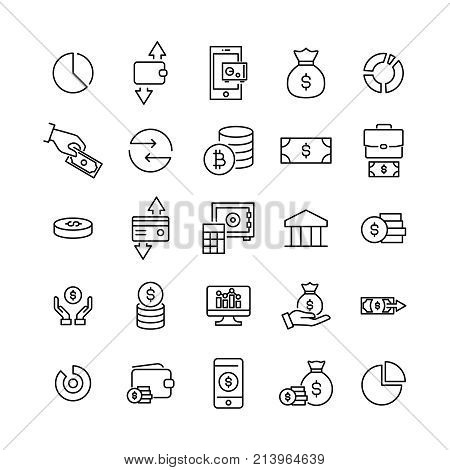Simple collection of finance related line icons. Thin line vector set of signs for infographic, logo, app development and website design. Premium symbols isolated on a white background.