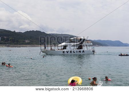 Lazarevskoe, Sochi, Krasnodar region, Russia - July 4, 2014: Two deck yacht Evelina suited to the beach settlement Lazarevskoe