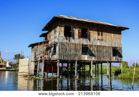 Traditional hous on stilts in Inle lake Myanmar (Burma)