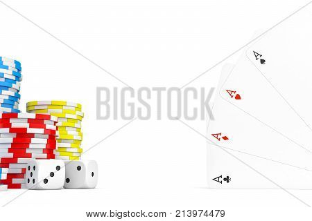 3d rendering of four different ace cards with casino chip stacks and white dice. Bets and stakes. Lose or win. Casino and luck.