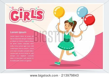 Happy girl running with clolrful balloons, cute kid celebrating her birthday, girls banner flat vector element for website or mobile app with sample text