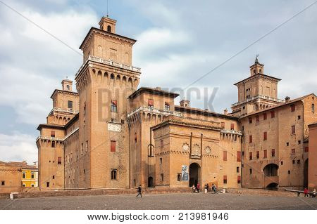Ferrara Italy - April 05 2017: Castello Estense or St. Michael's castle is a moated medieval castle in the center of Ferrara