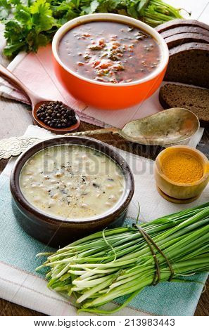 Borsch and mushroom soup served on table