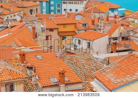 PIRAN SLOVENIA - SEPTEMBER 3 2017: Piran rooftops on sunny summer day. Piran is the administrative centre of Slovenian Istria and one of Slovenia's major tourist attractions.