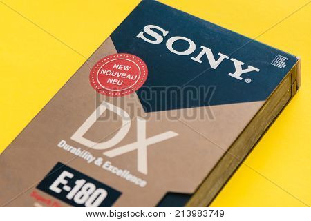 NOVI SAD SERBIA - NOVEMBER 6 2017: Sony VHS video cassette. Video Home System recording tape cassettes was released in Japan in late 1970s. Retro video technology illustrative editorial.