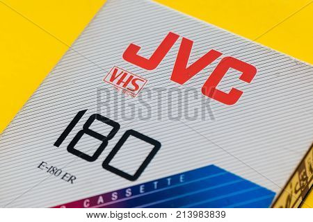 NOVI SAD SERBIA - NOVEMBER 6 2017: JVC VHS video cassette. Video Home System recording tape cassettes was released in Japan in late 1970s. Retro video technology illustrative editorial.
