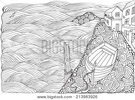 Seaside Promenade. Wooden Boat Lying On The Shore. Adult Coloring Book Page In Zentangle Style. Blac