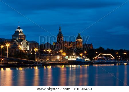Szczecin from the Oder River in the evening