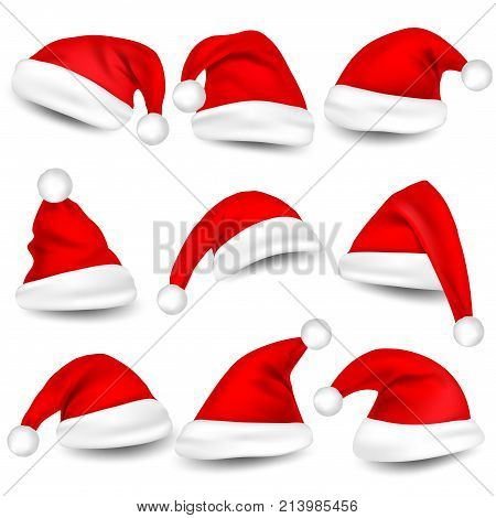 Christmas Santa Claus Hats With Shadow Set. New Year Red Hat Isolated on White Background. Vector illustration.