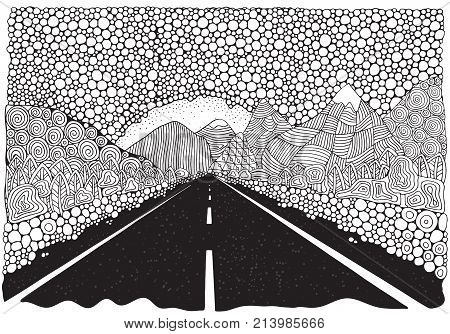 Long Car Highway Stretching Into The Distance And Mountains. Landscape. Anti Stress Coloring Book Pa