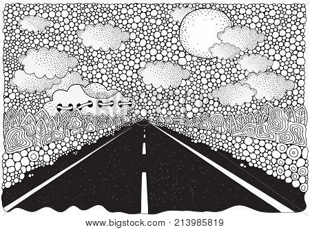 Long Car Highway Stretching Into The Distance. Doodle Landscape. Anti Stress Coloring Book Page For